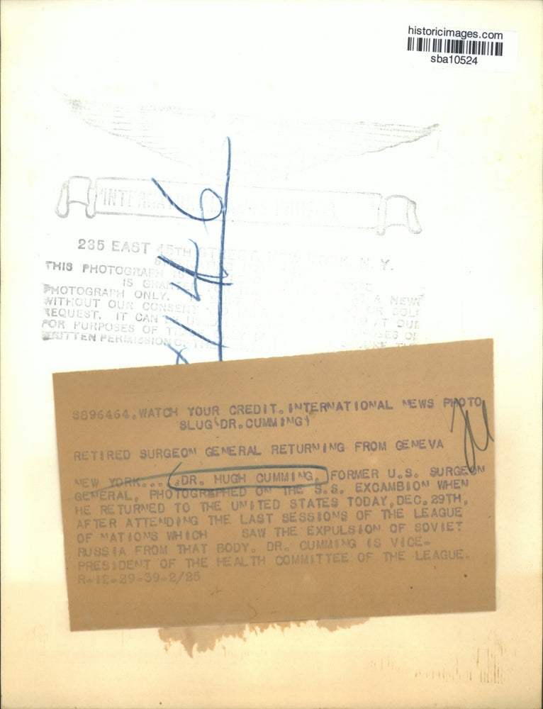 1939 Press Photo Hugh Cumming, Health Committee officer of League of Nations