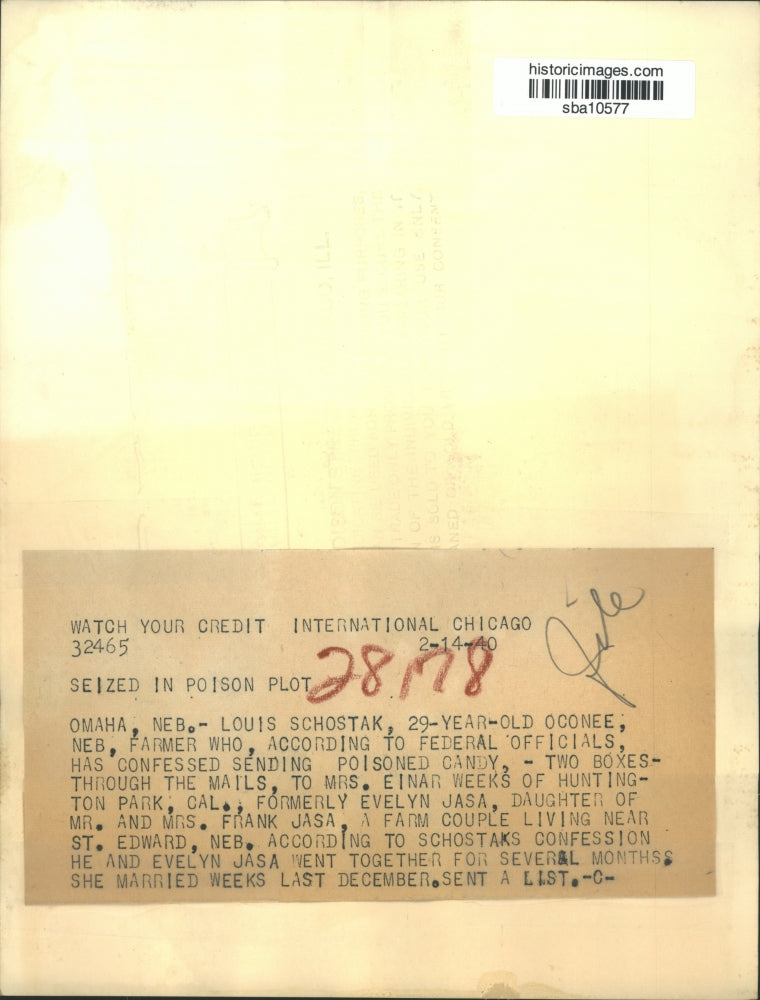 1940 Press Photo Louis Schostak Mails Poisoned Candy to Mrs Einar Weeks