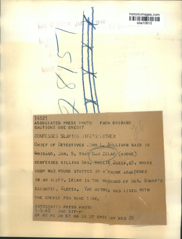 1940 Press Photo Sam Delao confessed killing Nellie Sharp in Chicago - sba10612