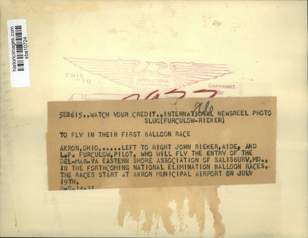 1931 Press Photo John Rieker and L.P Furculow to fly in their first balloon race