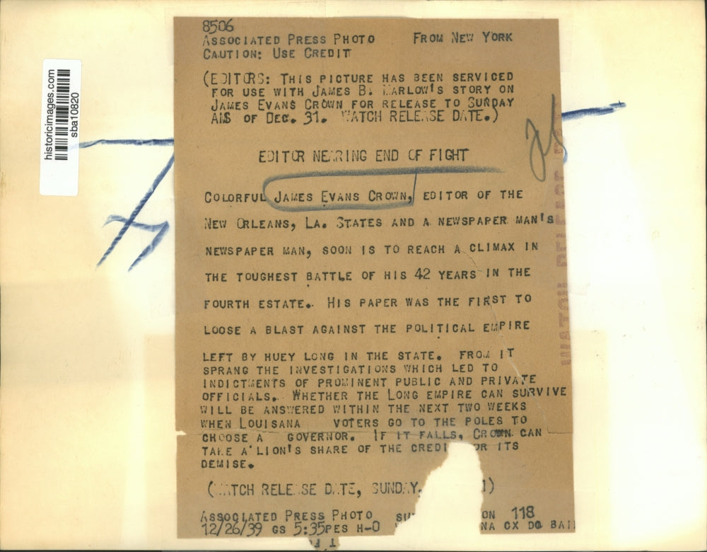 1939 Press Photo Editor James Evans Crown battles against a political empire