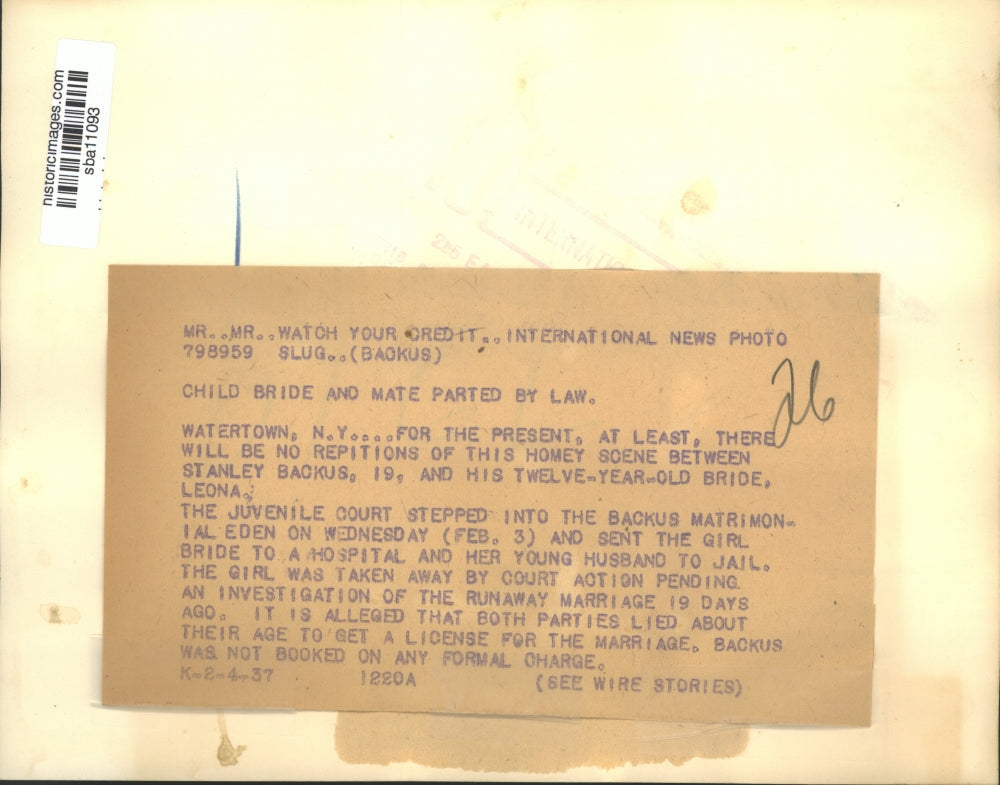 1937 Press Photo Stanley Backus with his 12 year old bride Leona - sba11093