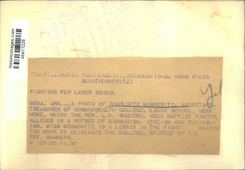 1937 Press Photo Charlotte Moskowitz leads the fight for the Labor School