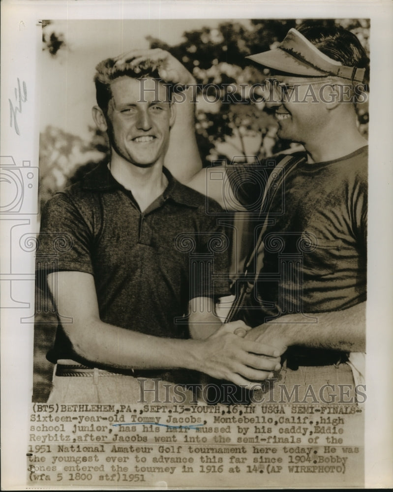 1951 Press Photo Tommy Jacobs has his hair mussed by Eddie Reybitz - sba11500