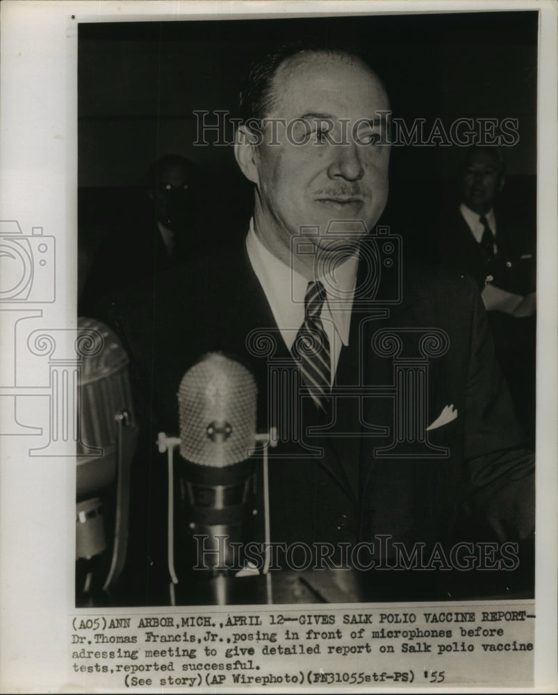 1955 Press Photo Dr. Thomas Francis, Jr. posing in front of microphone