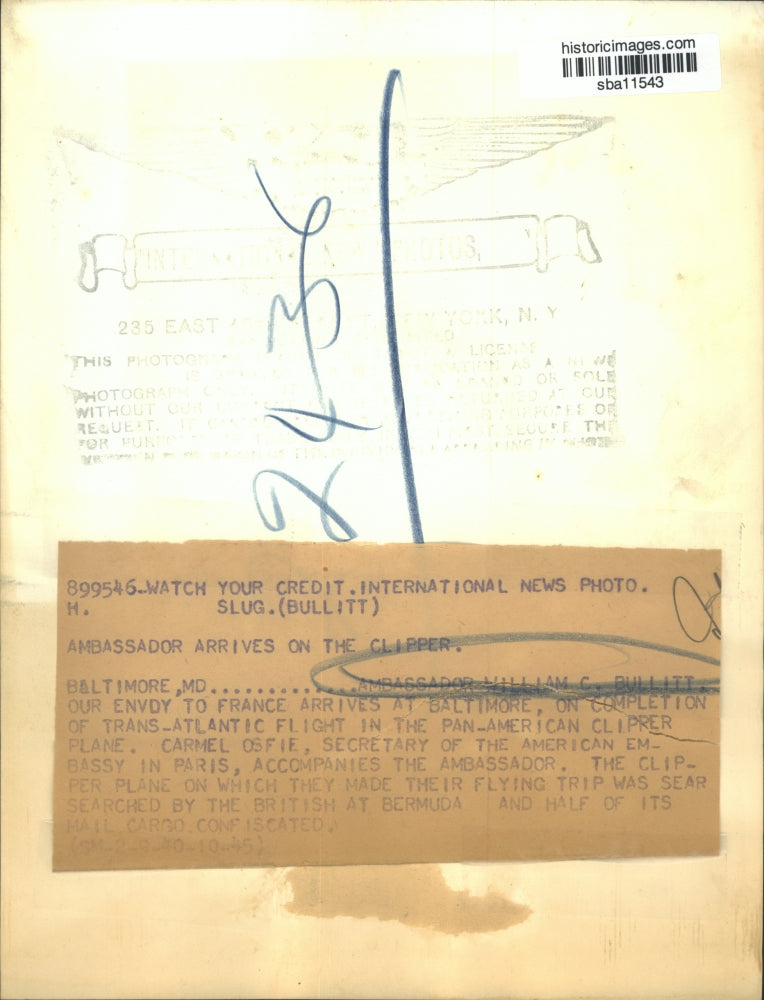 1940 Press Photo Ambassador William Bullitt arrives at Baltimore on a clipper