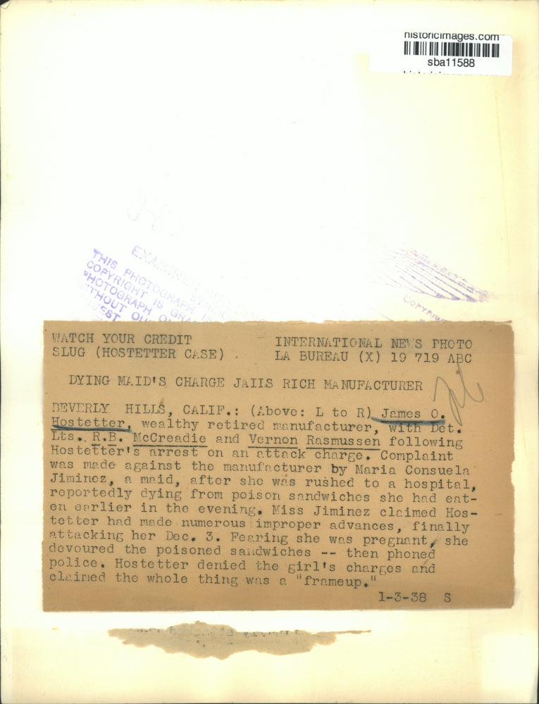 1938 Press Photo James O. Hostetter with Det. R.B. McCreadie & Vernon Rasmussen