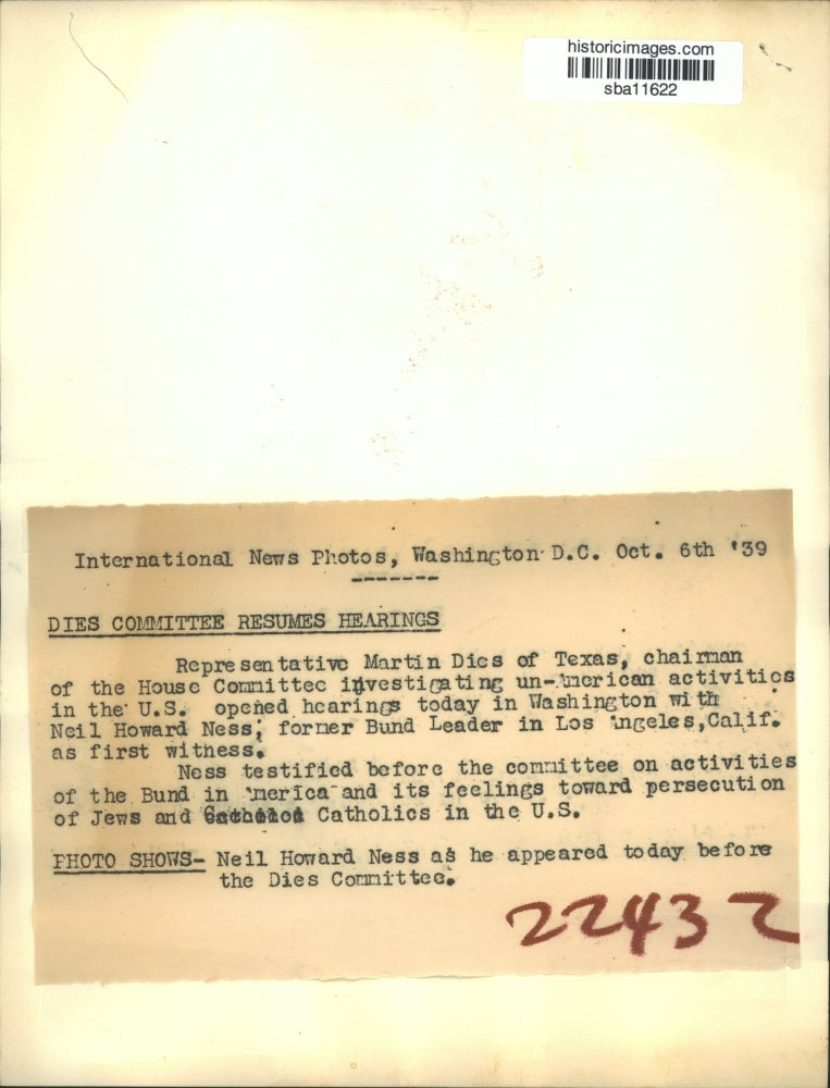 1939 Press Photo Neil Howard Ness testifies before Dies Committee on Bund Trials