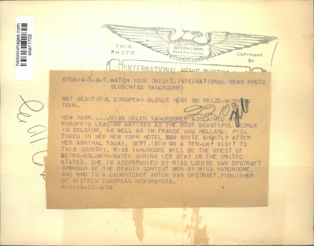 1933 Press Photo Helen Vandroome won Beautiful European Blonde in Belgium