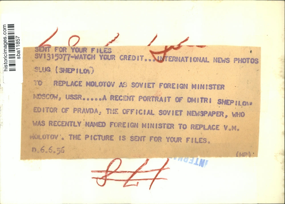 1956 Press Photo Soviet Foreign Minister Dmitri Shepilov - sba11857