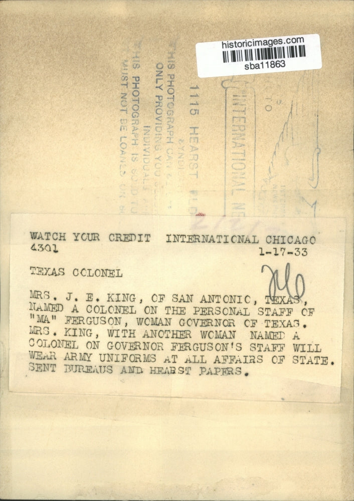 1933 Press Photo Mrs JE King of San Antonio TX on Governor's personal staff