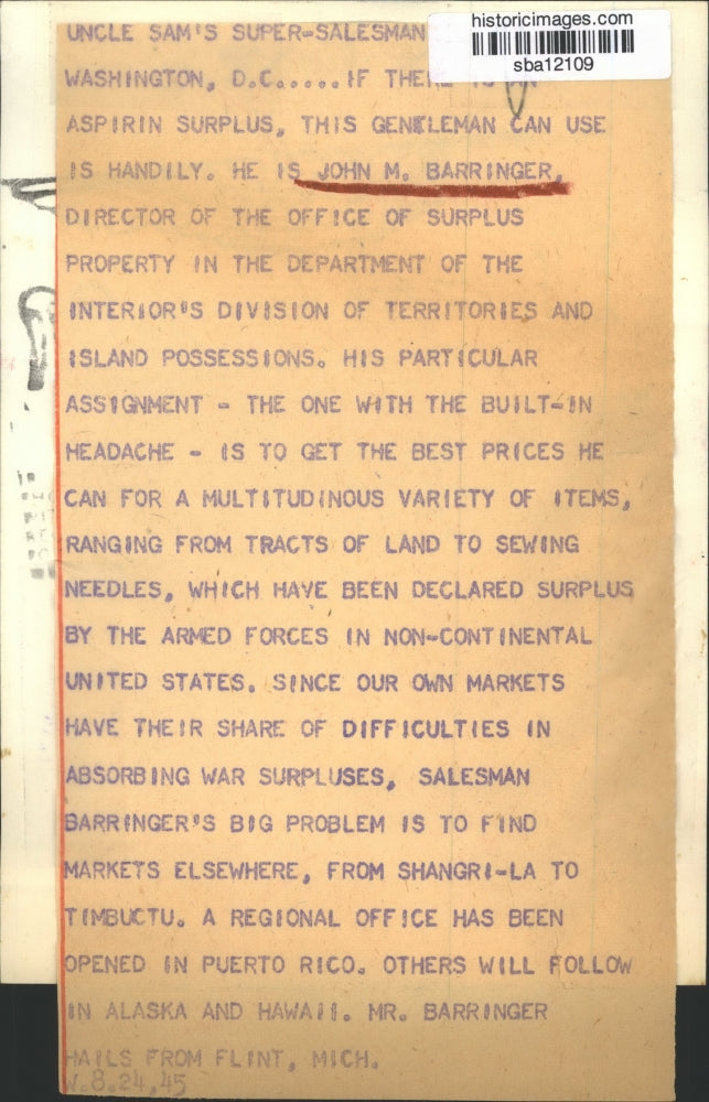 1945 Press Photo John Barringer heads the Surplus Property of Interior Division