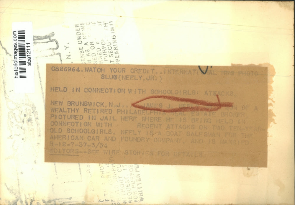 1937 Press Photo James Neely Jr. Arrested for Attacking Teenage School Girls