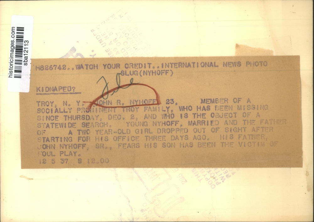 1937 Press Photo John Nyhoff is the object of a statewide search - sba12113