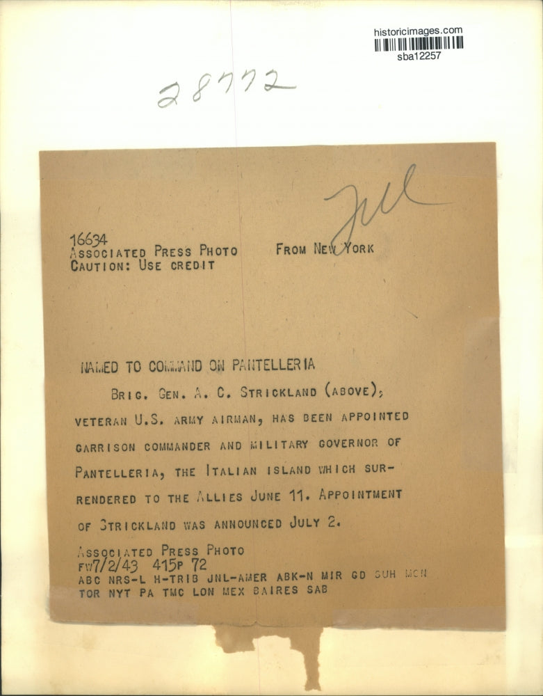 1943 Press Photo Brigadier General A.C. Strickland was named Garrison Commander