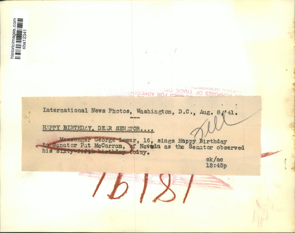 1941 Press Photo George Lower sings Happy Birthday to Senator Pat McCarran