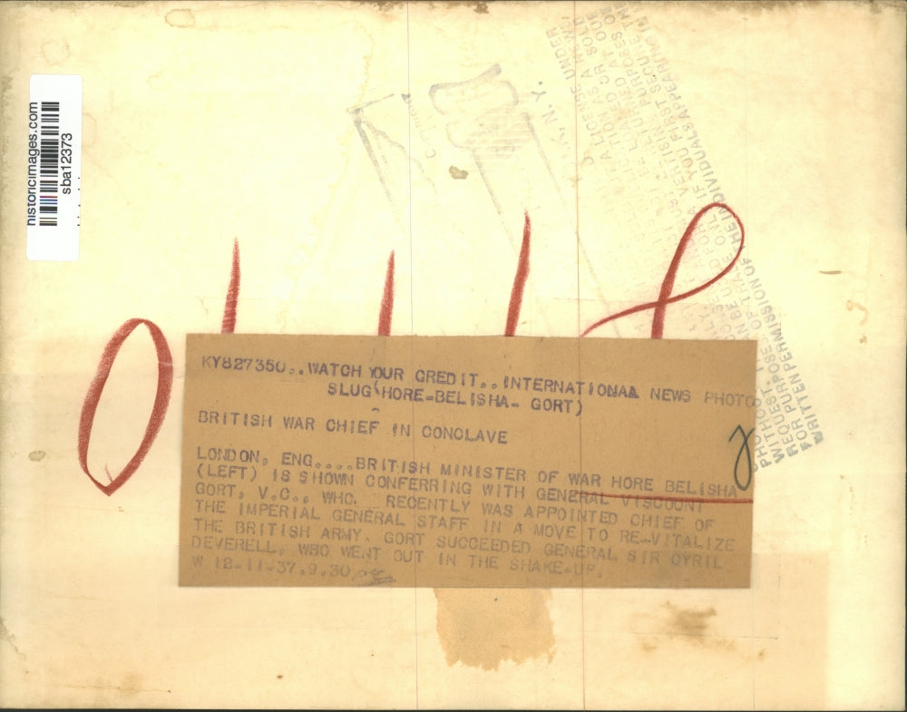 1937 Press Photo Hore Belisha, British War head confers with General Gort