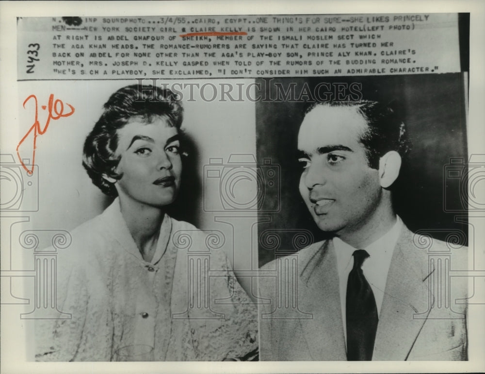 1955 Press Photo NY society girl Claire Kelly & Abdel Chafour of Sheikh