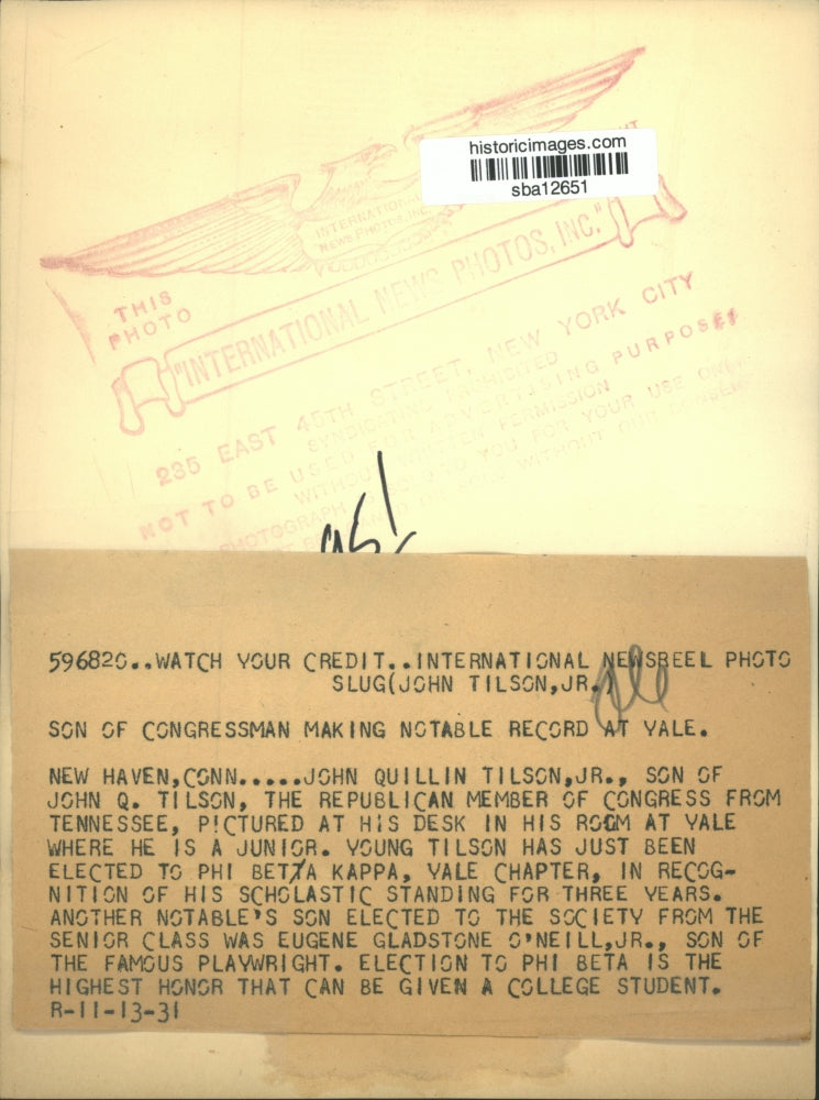 1931 Press Photo John Quillan Tilson Jr son of TN Congressman at Yale University