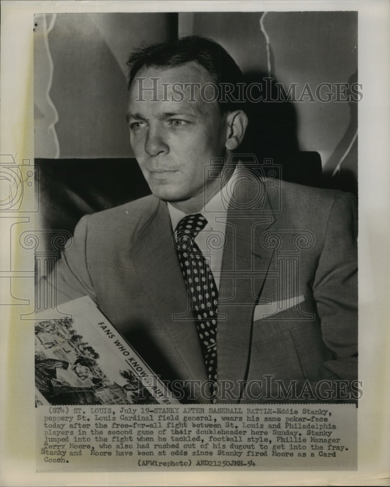 1954 Press Photo Eddie Stanky poses a poker-face after a baseball battle- Historic Images