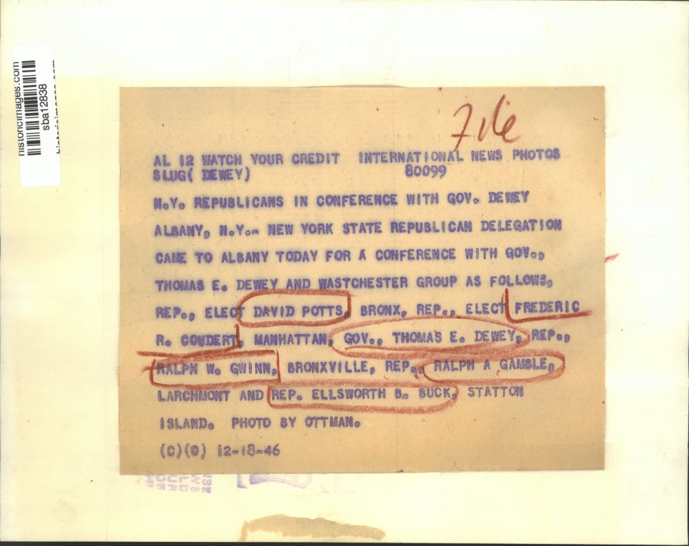 1946 Press Photo NY Gov Thomas Dewey with Rep David Potts, Fred Conderrt et al