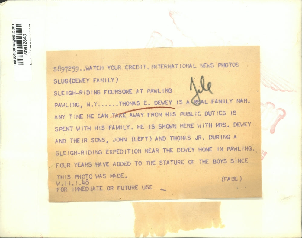 1948 Press Photo Thomas E Dewey & family sons John & Thomas Jr - sba12840