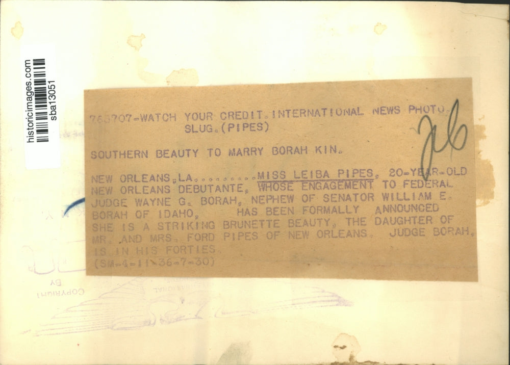 1936 Press Photo New Orleans Debutante Leiba Pipes married Judge Wayne G Borah