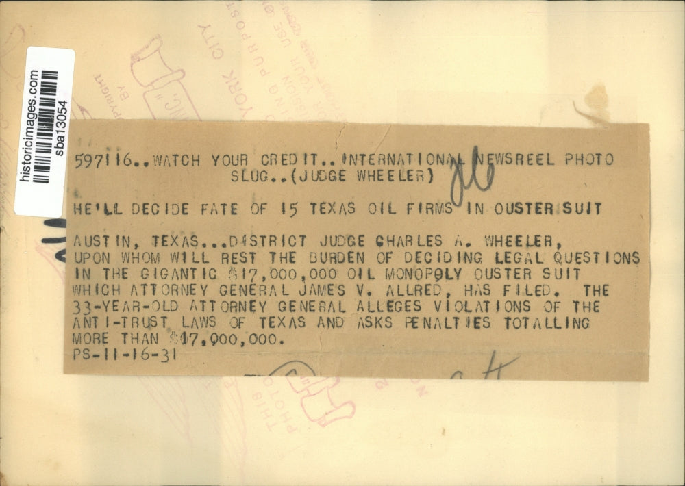 1931 Press Photo District Judge Charles A. Wheeler to decide fate of Oil suit