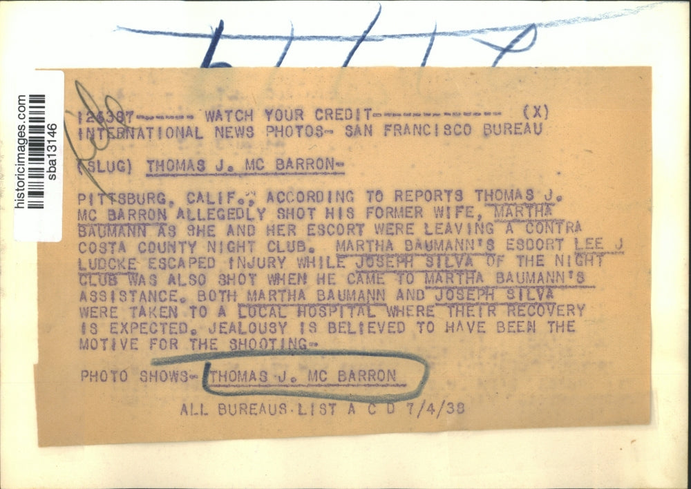 1938 Press Photo Thomas J. McBarron allegedly shot former wife Martha Baumann