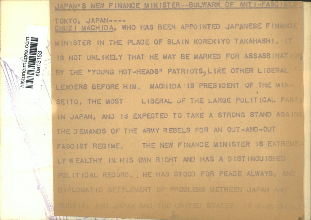 1936 Press Photo Chuzi Machida was named new Japanese Finance Minister