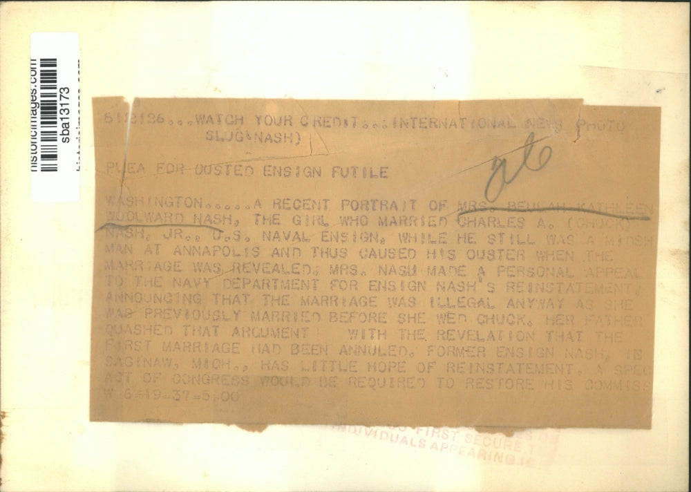 1937 Press Photo Mrs Beulah Kate Woodward Nash who wed Charles A Nash Jr