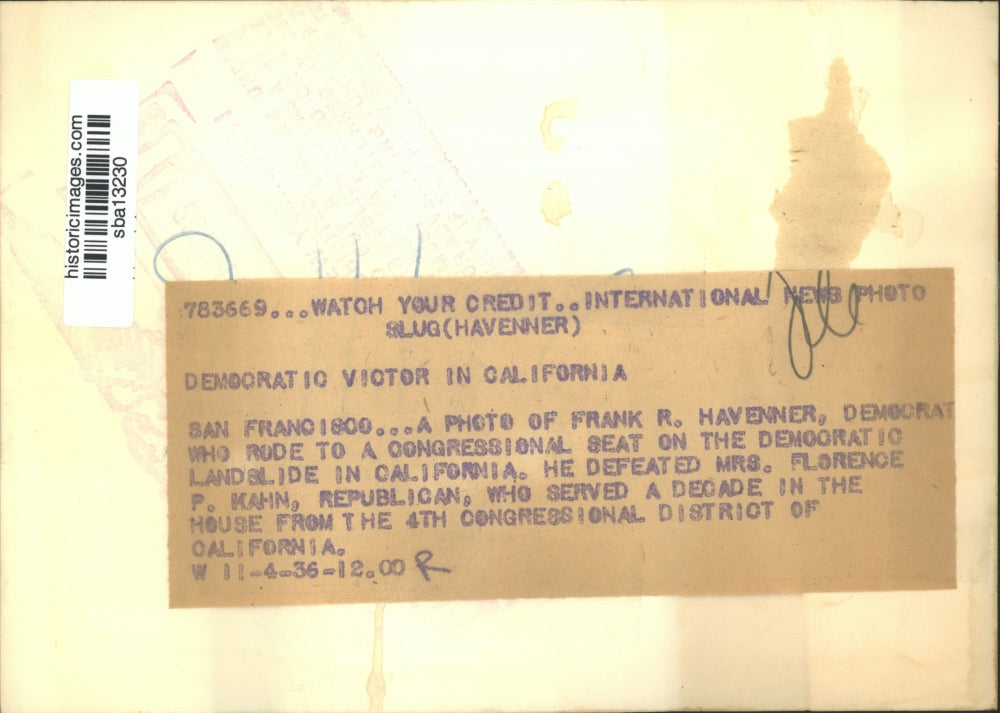 1936 Press Photo Frank R Havenner Democratic victor in California for Congress