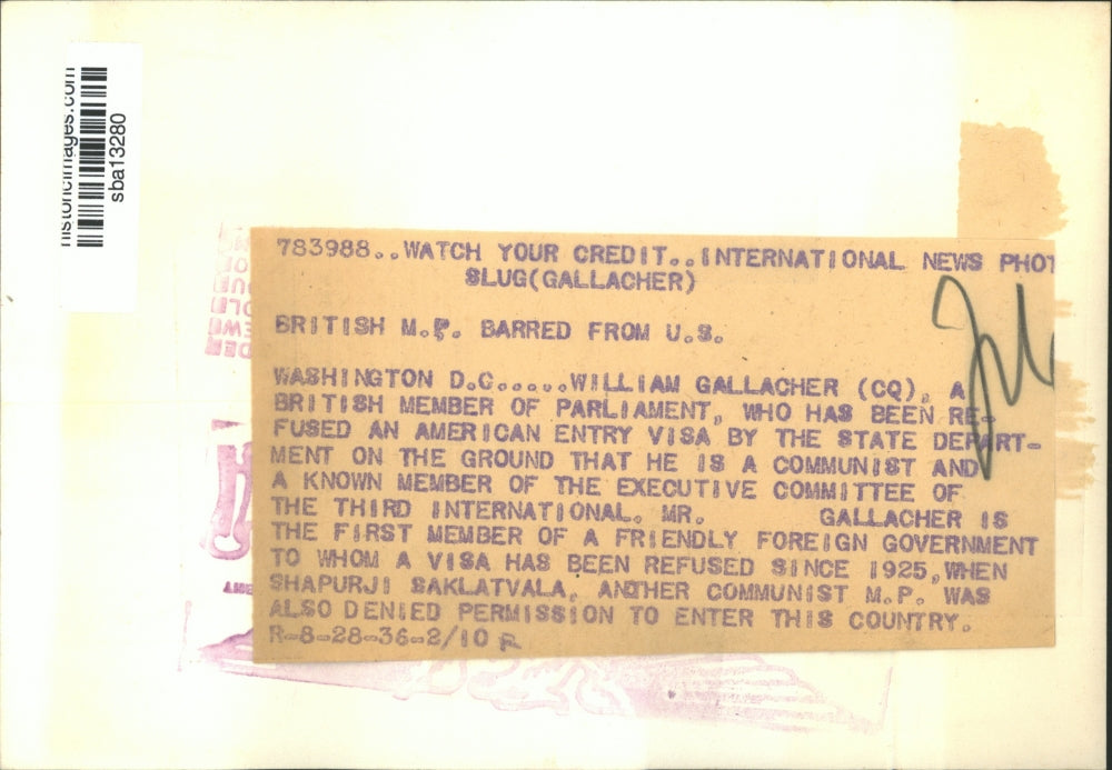 1936 Press Photo William Gallacher CQ member of British Parliament - sba13280