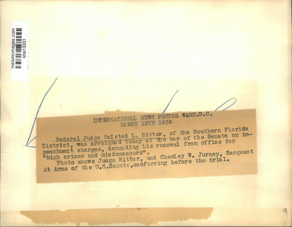 1936 Press Photo Halsted L. Ritter, Chelsey W. Jurney conferring before trial