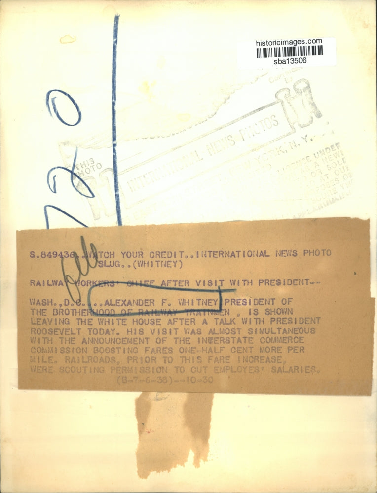 1938 Press Photo Alexander Whitney-Railways Workers head visits the White House