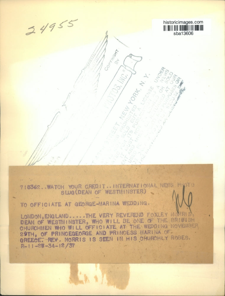 1934 Press Photo The Reverend Foxley Norris will officiate the Royal Wedding