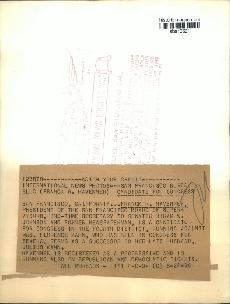 1936 Press Photo Franck R Havenner president San Francisco Board of supervisors