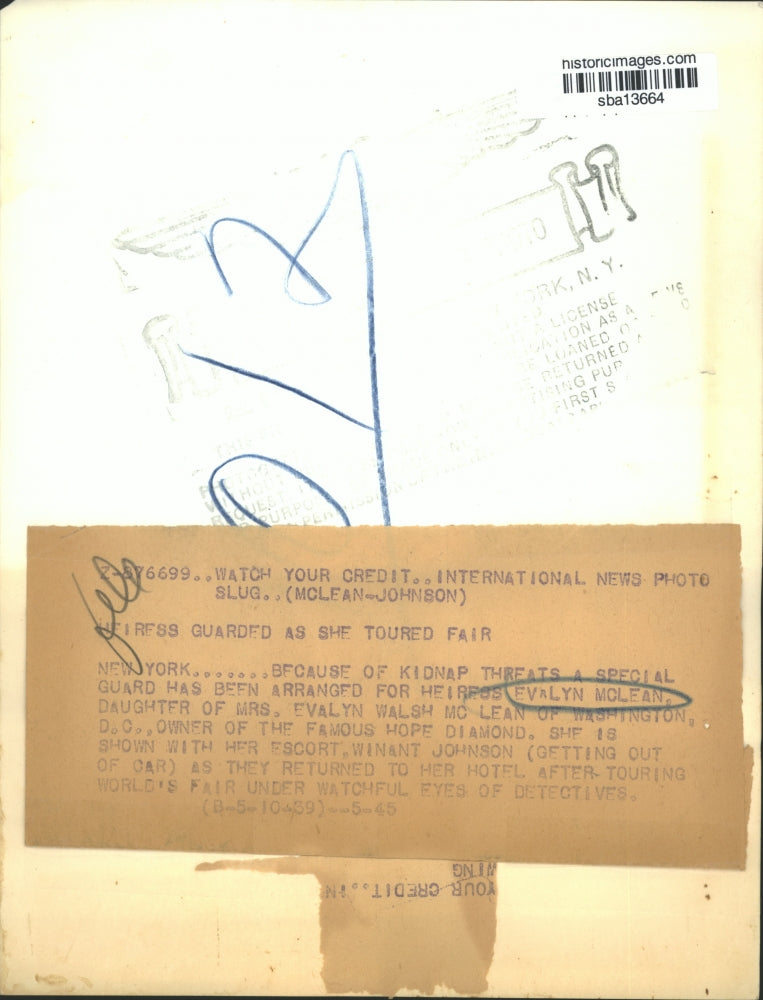 1939 Press Photo Evalyn McLean ,escort Winant Johnson guard due to kidnap threat