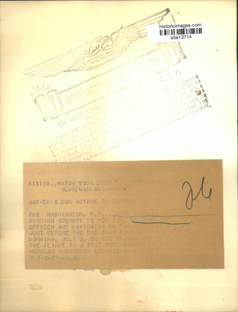 1937 Press Photo Mrs Charles Harland & son William officer for Pan American