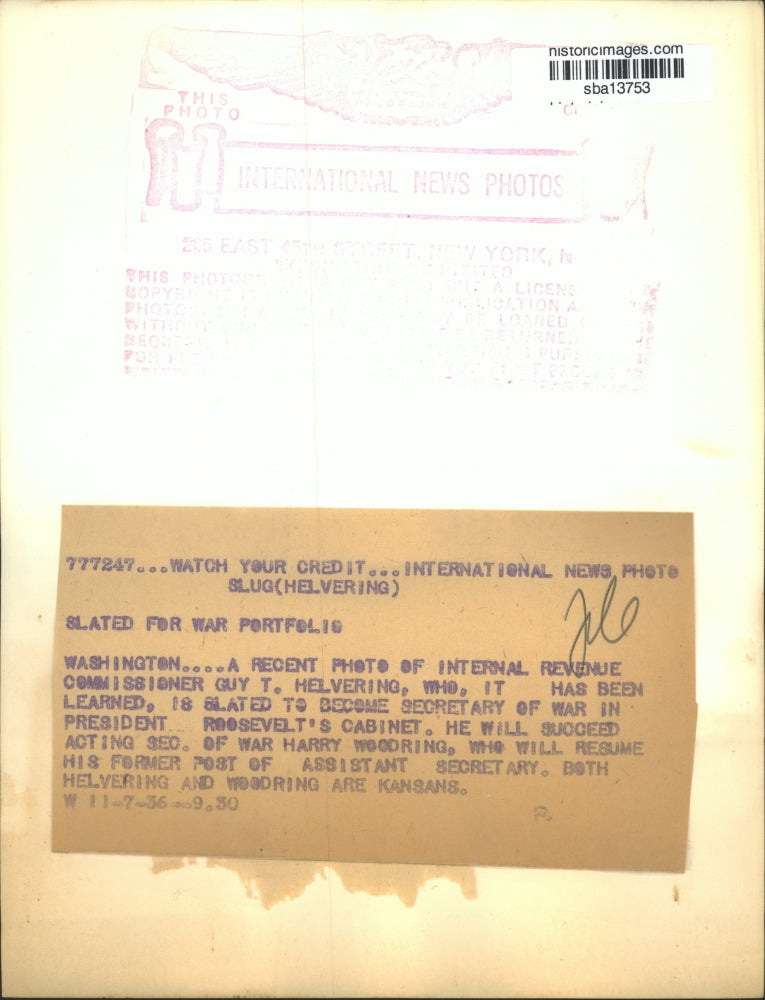 1936 Press Photo Guy T. Helvering named as Secretary of War - sba13753