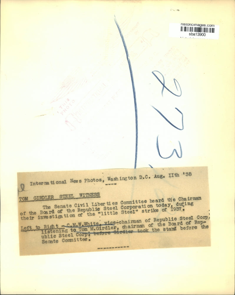 1938 Press Photo C.M.W. White and Tom Girdler at Senate Committee hearing