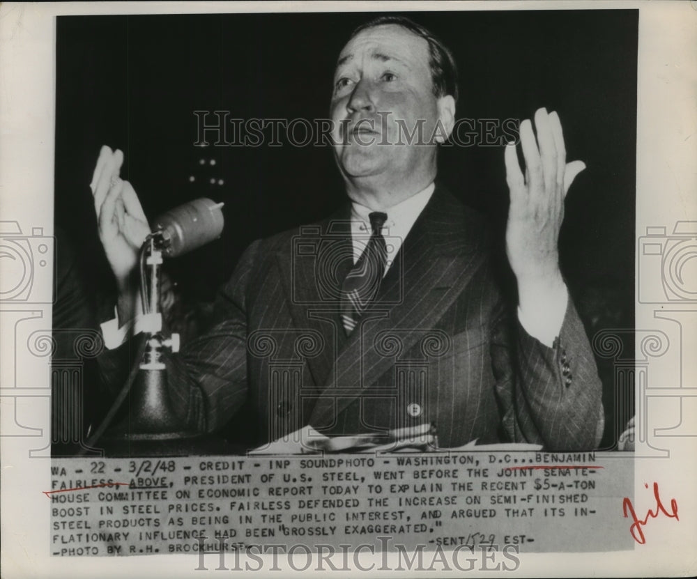 1948 Press Photo Benjamin Fairless president of US Steel at Senate hearing