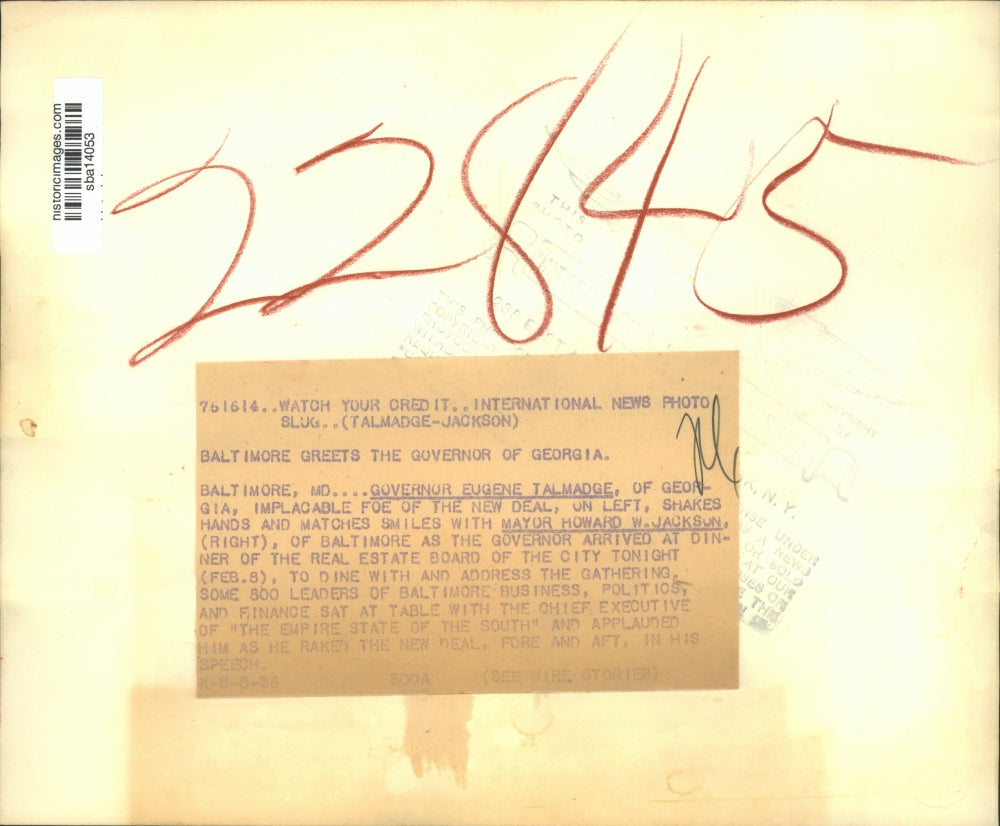 1936 Press Photo Ga Gov Eugene Talmadgem Baltimore Mayor Howard Jackson