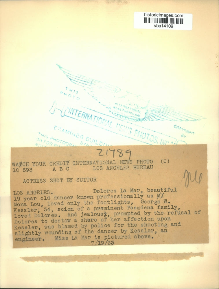 1933 Press Photo Dolores La Mar dancer known as Mona Lou - sba14109