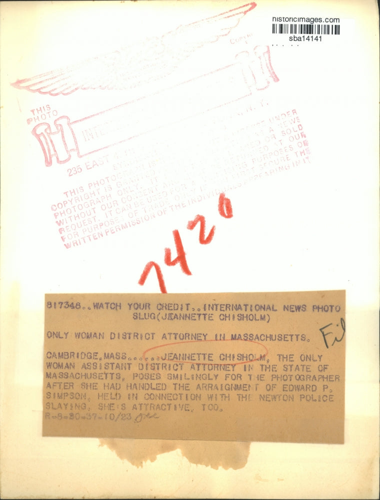 1937 Press Photo Jeannette Chisholm-only woman Massachusetts district attorney