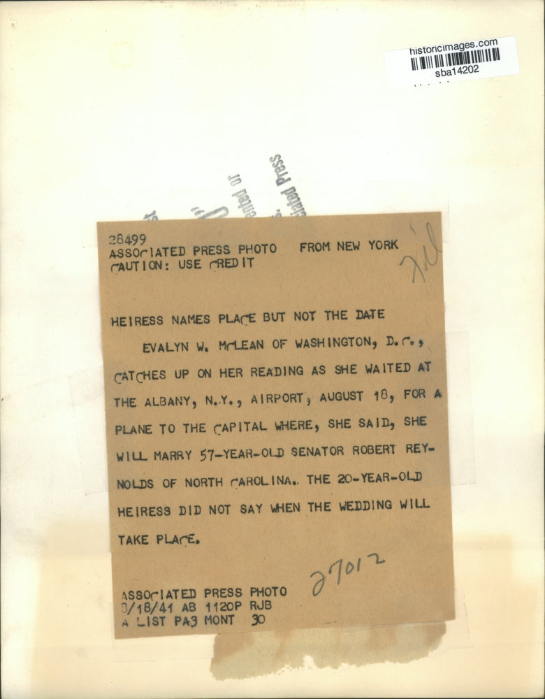 1941 Press Photo Evalyn W. McLean announces wedding plans with Robert Reynolds