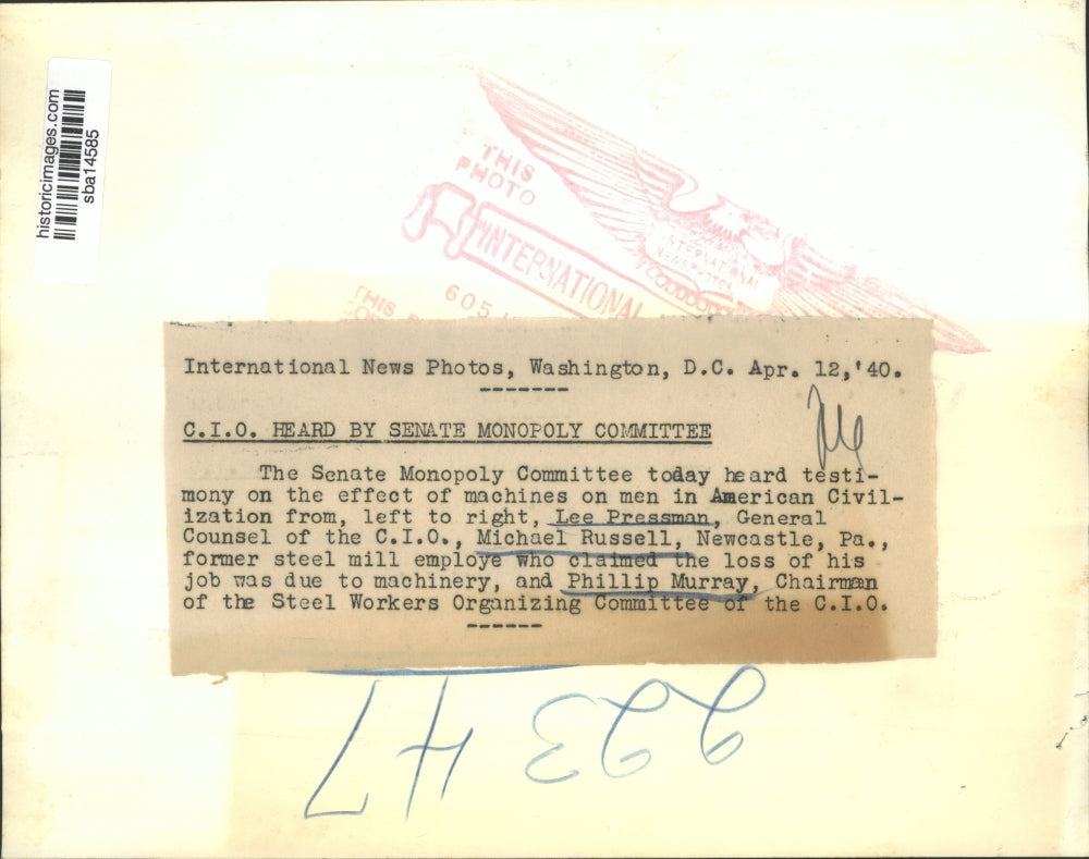 1940 Press Photo C.I.O Officials heard testimony by Senate Monopoly Committee