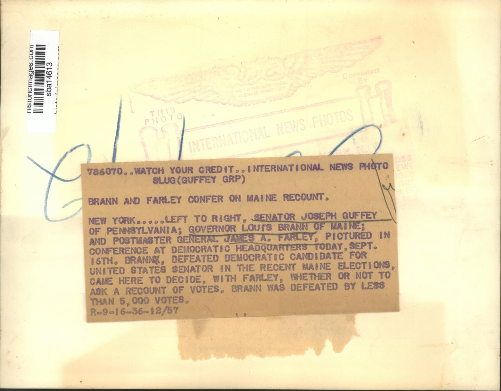 1936 Press Photo Joseph Guffey, James Farley, Louis Brann discuss Maine Recount