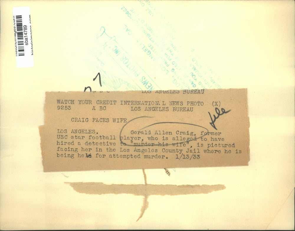 1933 Press Photo Gerald Allen Craig held for attempted murder of his wife