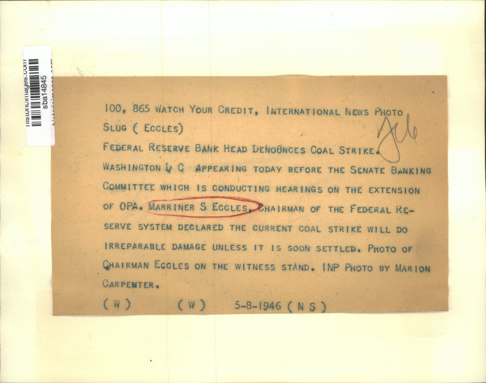 1946 Press Photo Marriner S Eccles, Chairman of Federal Reserve System